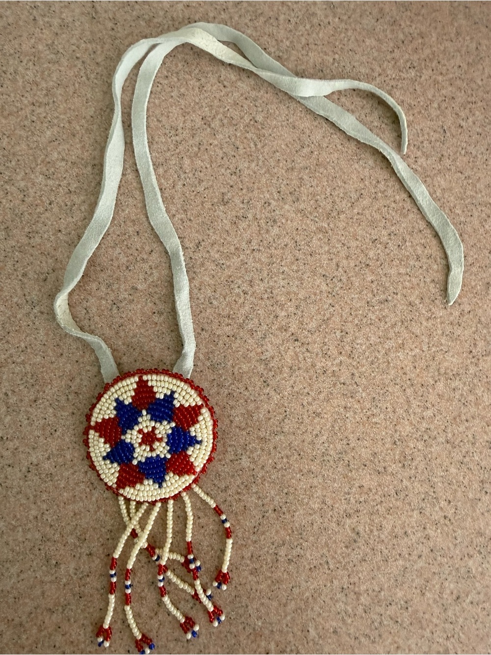 Handmade Beaded Leather Choker Medallion Necklace in Red, Blue & Cream NWOT